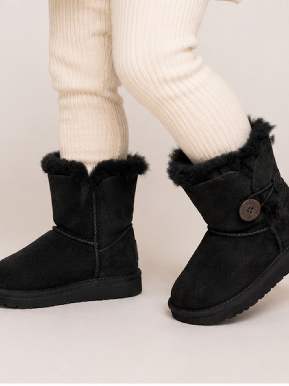 UGG Black Faux Fur Kids Ankle Boots with Side Button
